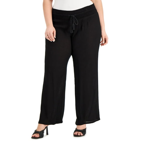 Inc International Concepts Plus Size Smocked-Waist Pull-On Crinkle-Gauze Pants Deep Black 2X