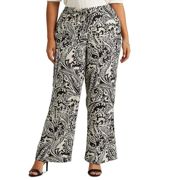 Lauren Ralph Lauren Womens Plus-Size Paisley-Print Crepe Wide-Leg Pants, Black/Cream