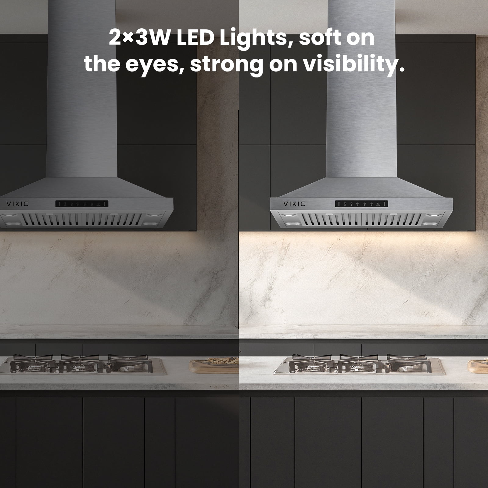 VIKIO 30 inch Island Range Hood , 450 CFM with Touch/Gesture, Convertible Ducted/Ductless, 3-Speed Fan, 2 Stainless Steel Baffle Filters