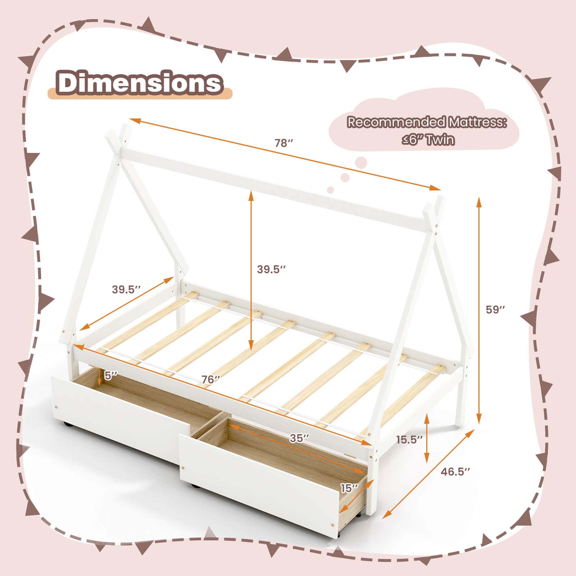 Costway Twin Size Wooden House Bed with 2 Drawers Roof Storage for Boys & Girls White