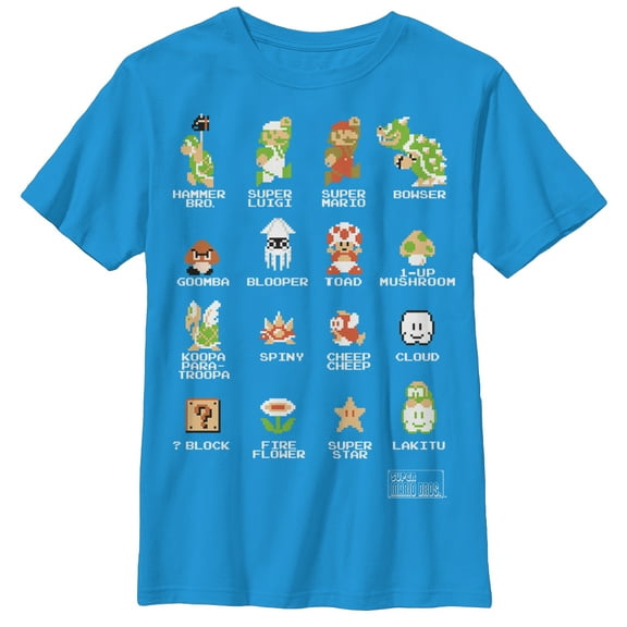 Boy's Nintendo Super Mario Bros Pixel Cast with Names Graphic Tee Turquoise Small