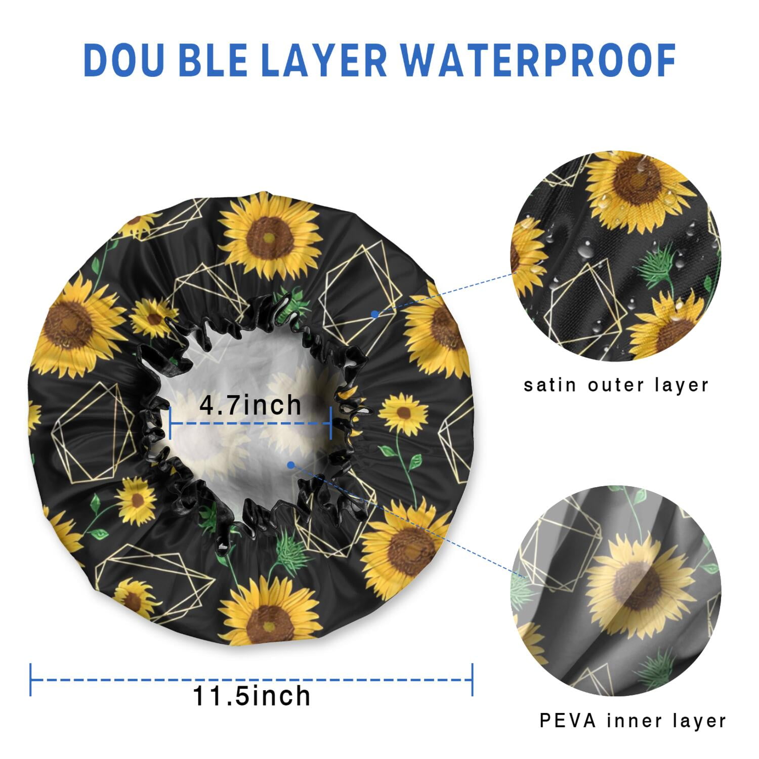 Shower Caps,Black Geometric Sunflower Pattern Waterproof Shower Cap for Women 4 Pieces,Double Reusable Hair Cover for Shower PEVA Elastic Stretch Hem