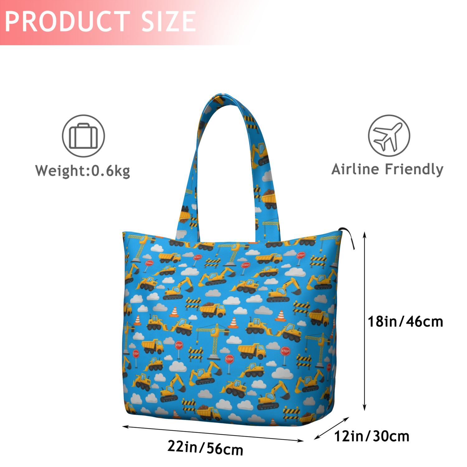 Cartoon Construction Vehicles Barriers Blue Pattern Travel Tote Bags for Women Carry On,Large Weekender Bags for Women Travel,Multi Functional Duffle Bag for Work,Shopping,Sports