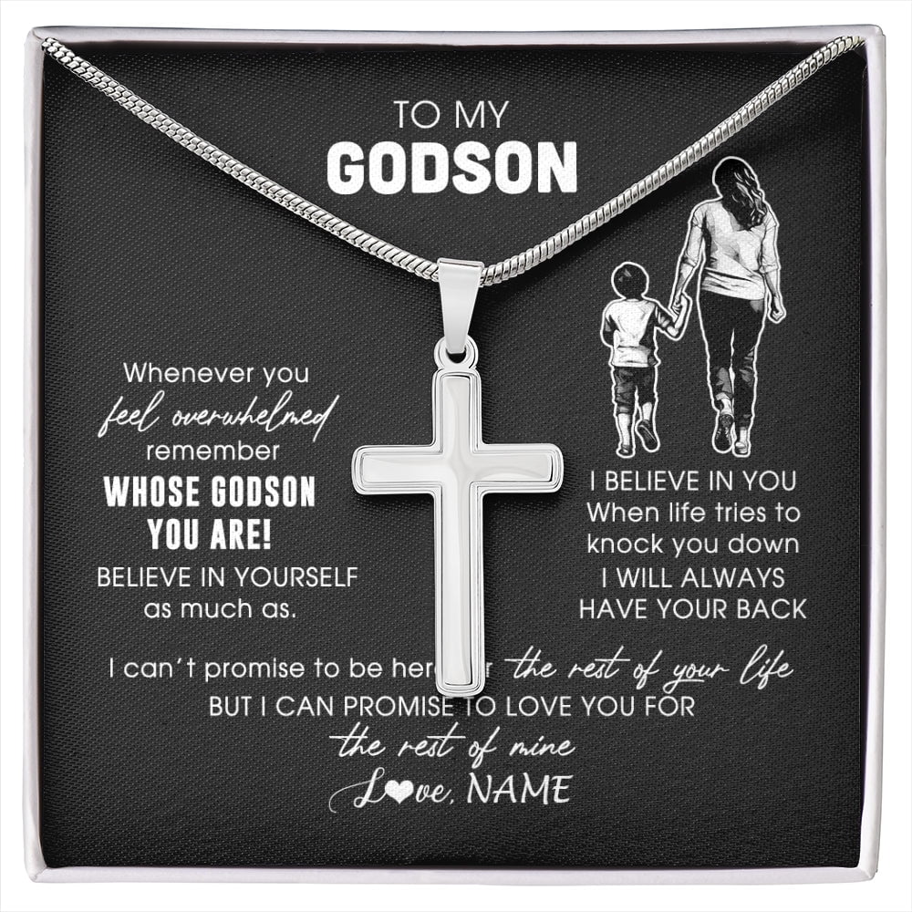 To My Godson From Godmother Whenever You Feel Overwhelmed Godson Jewelry Birthday Graduation Box Message Card, Multi Cross Necklace