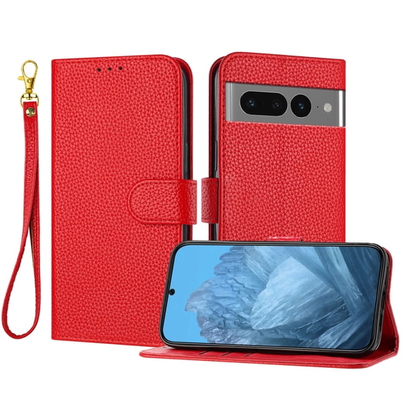 ELEHOLD Wallet Case for Google Pixel 7 Pro, Shockproof Leather Stand Case with Magnetic Clasp & Hand Strap,Red