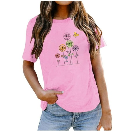 

Corset Tops for Women Floral Women Casual T-shirt Printed Round Neck Short Sleeve Pullover Blouse Tops Corset Tops for Women Floral Pink XL