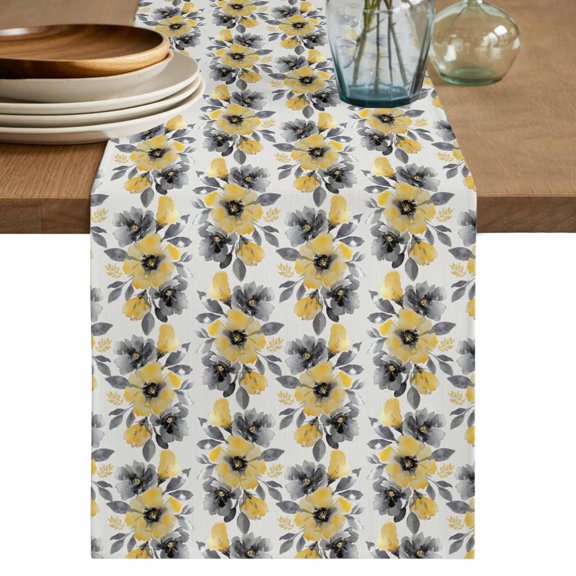 Table Runner 72 Inches Long for Kitchen Dining, Yellow Floral Dresser Scarf Farmhouse, Dining Table Decorations for Wedding/Parties, Abstract Watercolor Flower Leaf Plant 13 x 72 In