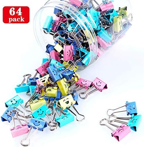 【64pack】 Binder Clips, Quivanta Paper Clips,Paper Clamps with Colored Cute Hollow Smiling Face,64 Pcs Assorted Size Clip, for Office,Teacher Gifts and Kitchen (BC-64pack)