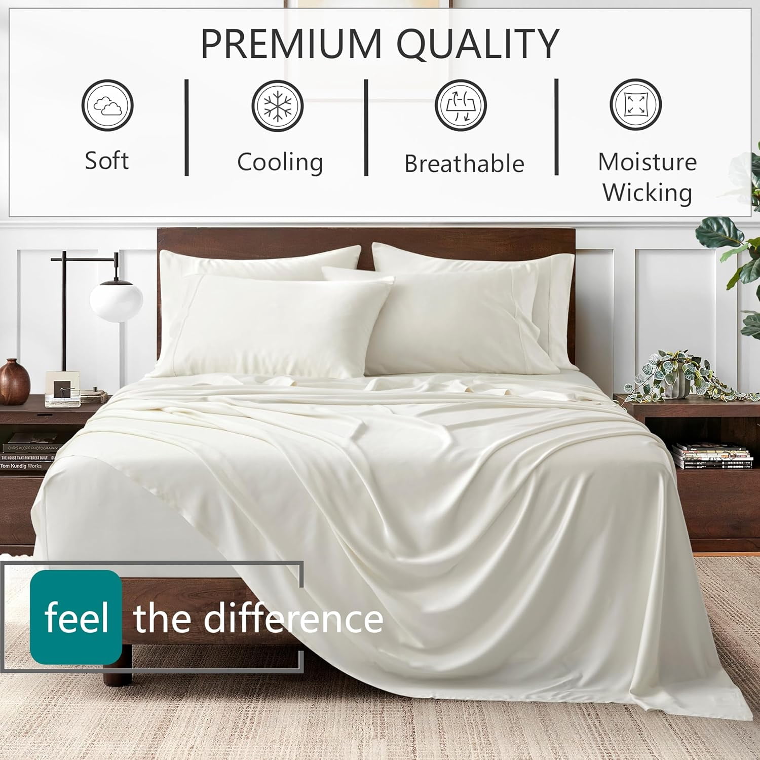 American Home Collection Bamboo Viscose Sheet Set - Silky Soft, Cooling for Hot Sleepers - 18 Inches Deep Pocket - Premium Sateen Finish - King, White