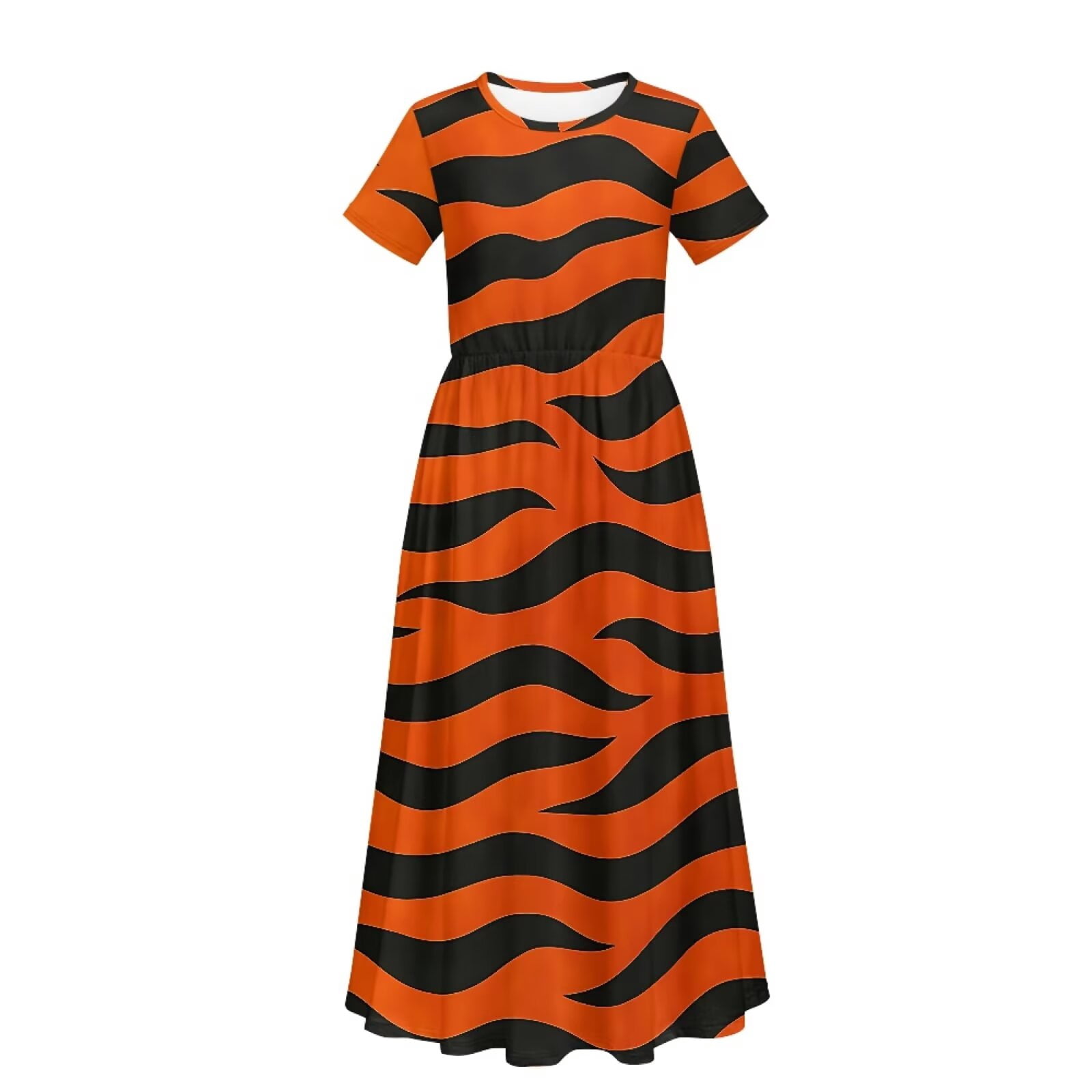 Uourmeti Girls Casual Dresses Swing Tiger Stripes Printed Short Sleeve Loose Maxi Dresses for Birthday Party, Kindergarten, Daily Wear, Size 7-8 Years