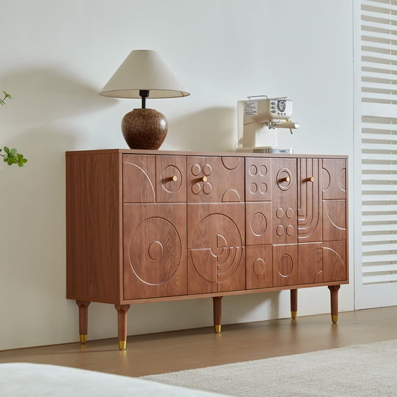 Modern TV Stand for 65 inch TV, 59" Entertainment Center with Carved Geometric Doors, TV Console with 4 Cabinet Storage, Retro Art-Inspired Media Console for Living Room/Bedroom - Walnut