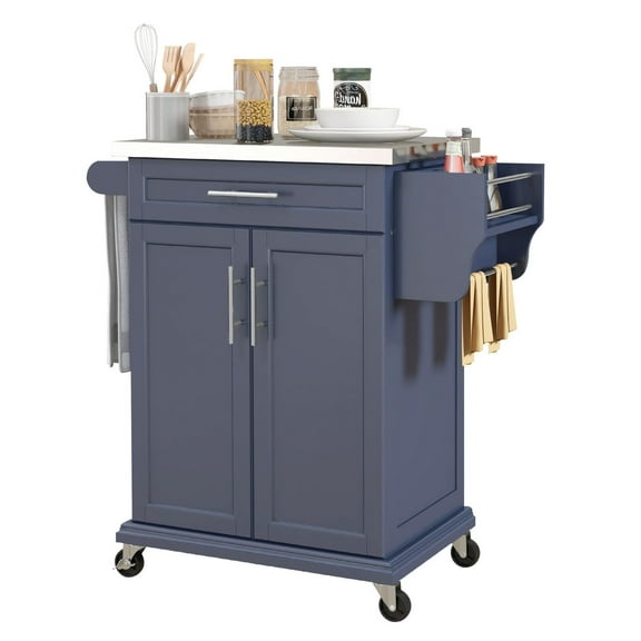 KWUXIN Rolling Island on Wheels, Small Kitchen Cart with Storage, Stainless Steel Countertop for Dining Room, Deep Blue