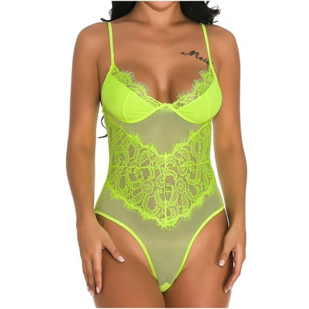 

Valentines day gifts Ladies Cute Girl Solid Erotic Lingerie Lace Mesh V-neck Halterneck Suit sexy underwear lingerie for women Yellow