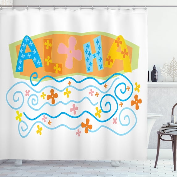 Aloha Shower Curtain, Fun and Floral Typography with Wavy and Spiraling Stripes Exotic Holiday Theme, Fabric Bathroom Set with Hooks, 69W X 75L Inches Long, Multicolor, by Ambesonne