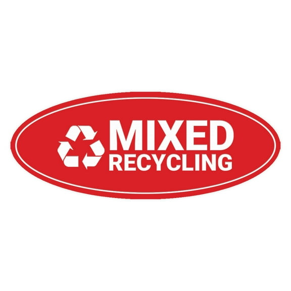 Signs ByLITA Oval Mixed recycling Sign - Laser-Engraved Lettering | Durable ABS Plastic | Vibrant Colors | Powerful Foam Tape (Red) - Large