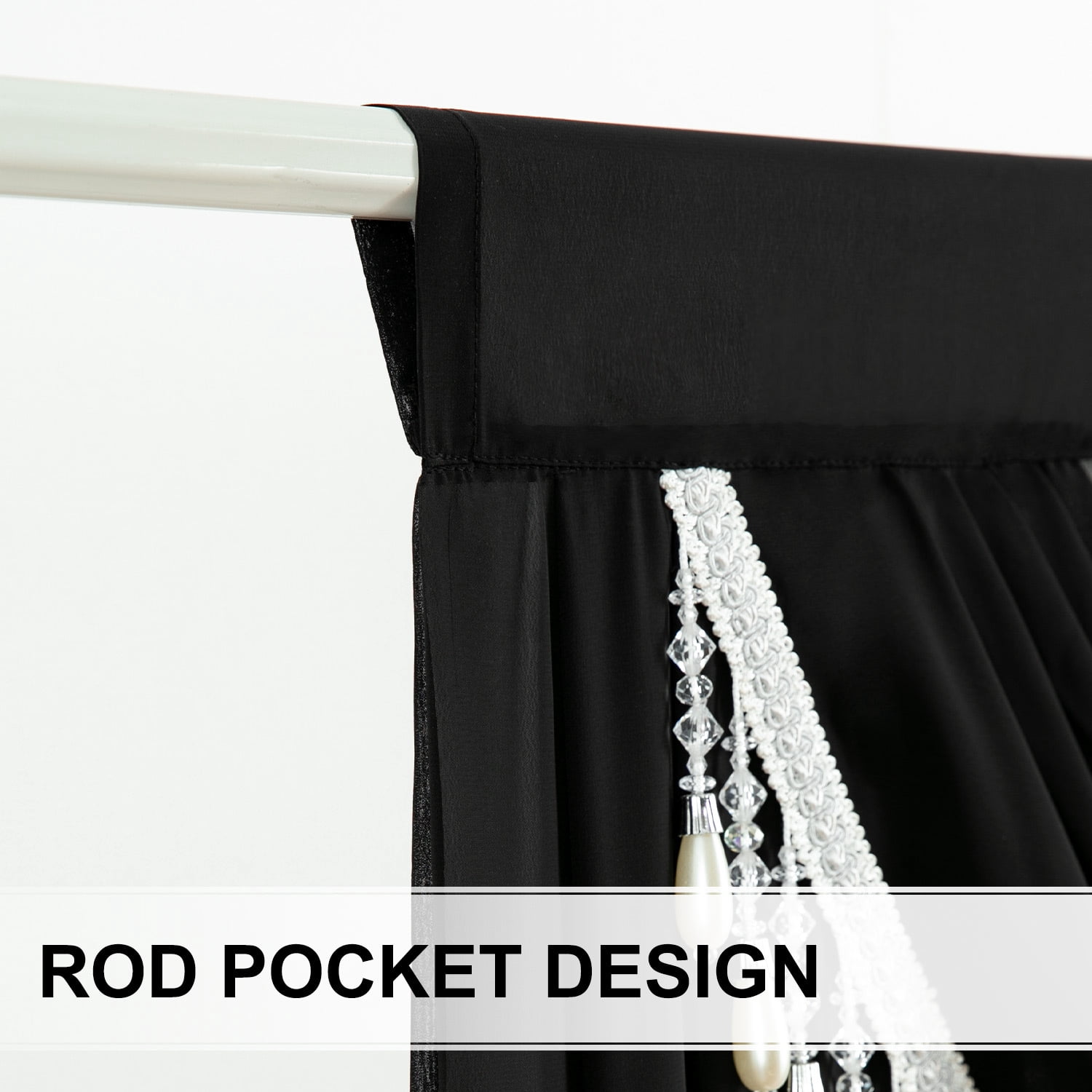 VOGOL Extra Wide Sheer Curtains Valance, 79 inches Wide European Style Breathable Silky Waterfall Valances for Bedroom Bathroom Nursery, Rod Pocket Swag Valance with Tassels, 1 Panel, Black