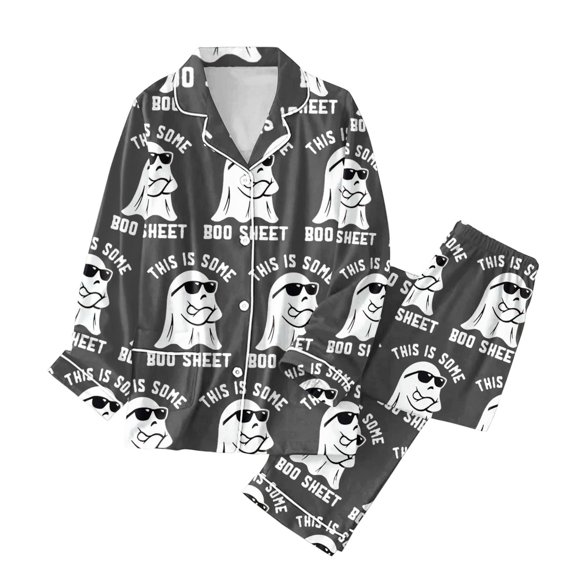Puliio Halloween Pajamas Set for Women's 2 Piece Ghost Bow Print Long Sleeve Top and Pants Cozy Soft Loungewear Nightwear Pjs Sets