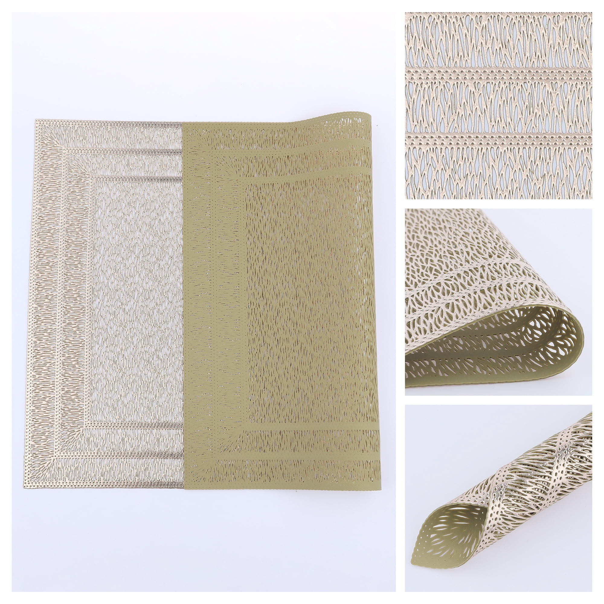 Unique Bargains Washable Placemats Set of 6 Trimmed Placemats for Dining Table Gold