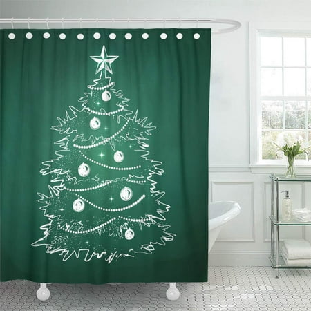 PKNMT Green Chalk Chalkboard Drawing of Christmas Tree Outline Waterproof Bathroom Shower Curtains Set 66x72