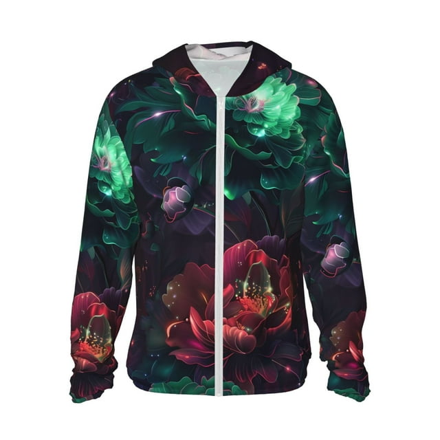 Vsdgher Sweat à Capuche Imprimé Illet Rouge et Vert pour Hommes et Femmes, Manches Longues Protection Solaire Pêche pour Course Natation-3TG
