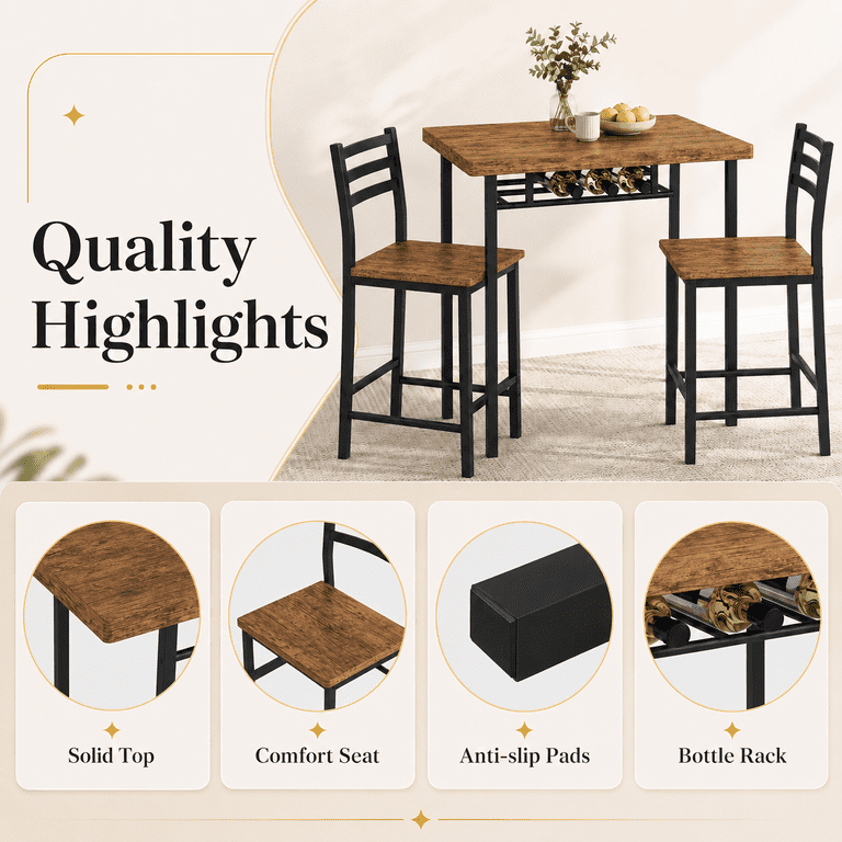 Lacoo 3 Piece Dining Table Set for 2, Small Kitchen Table and 2 Chairs, Space Saving Dining Room Table Set for Apartment, Breakfast Nook, Brown