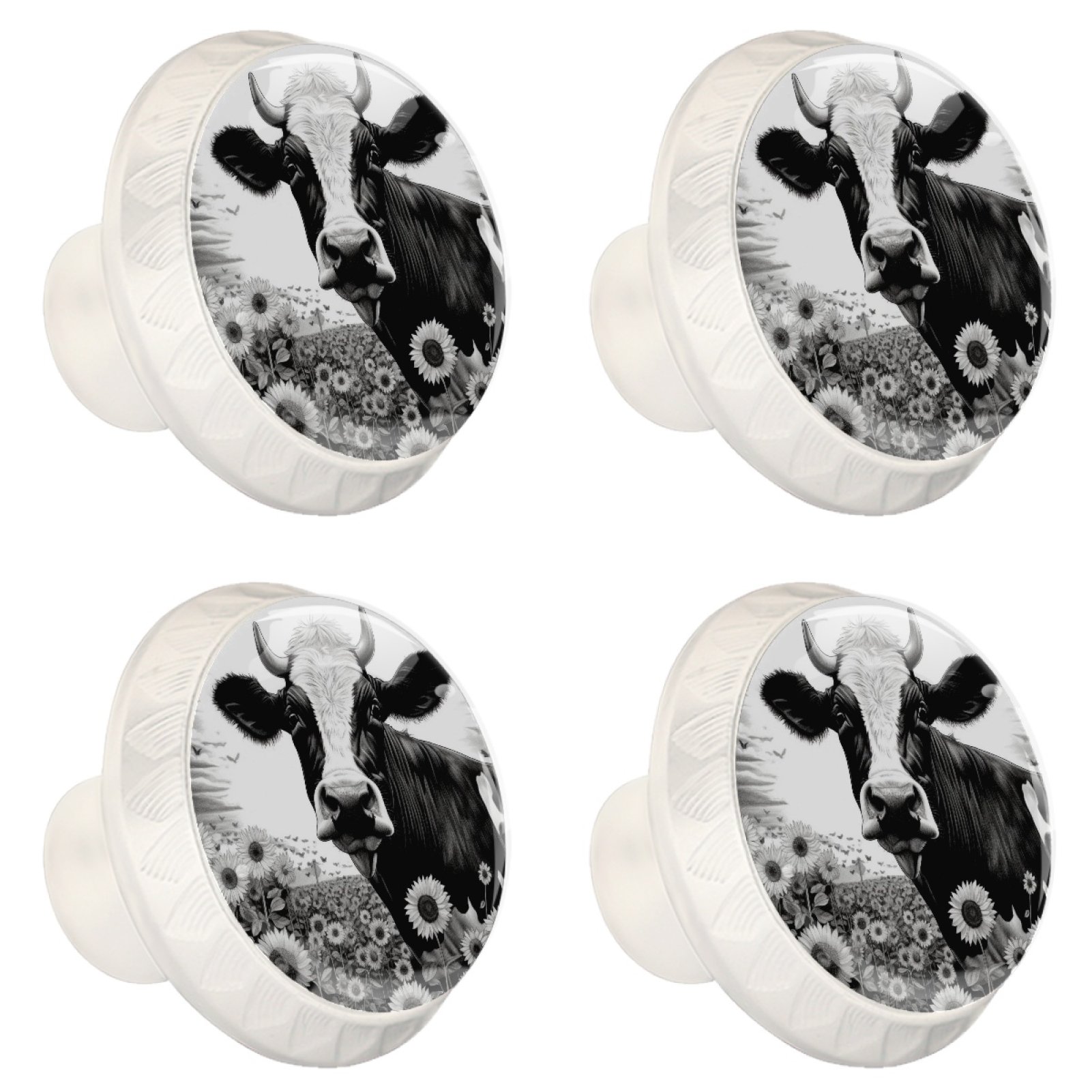 4 Pcs Cow and Sunflower Knobs for Kitchen Cabinet Cupboard Dresser Bookcase Drawer Pulls Handles Round Home Decor