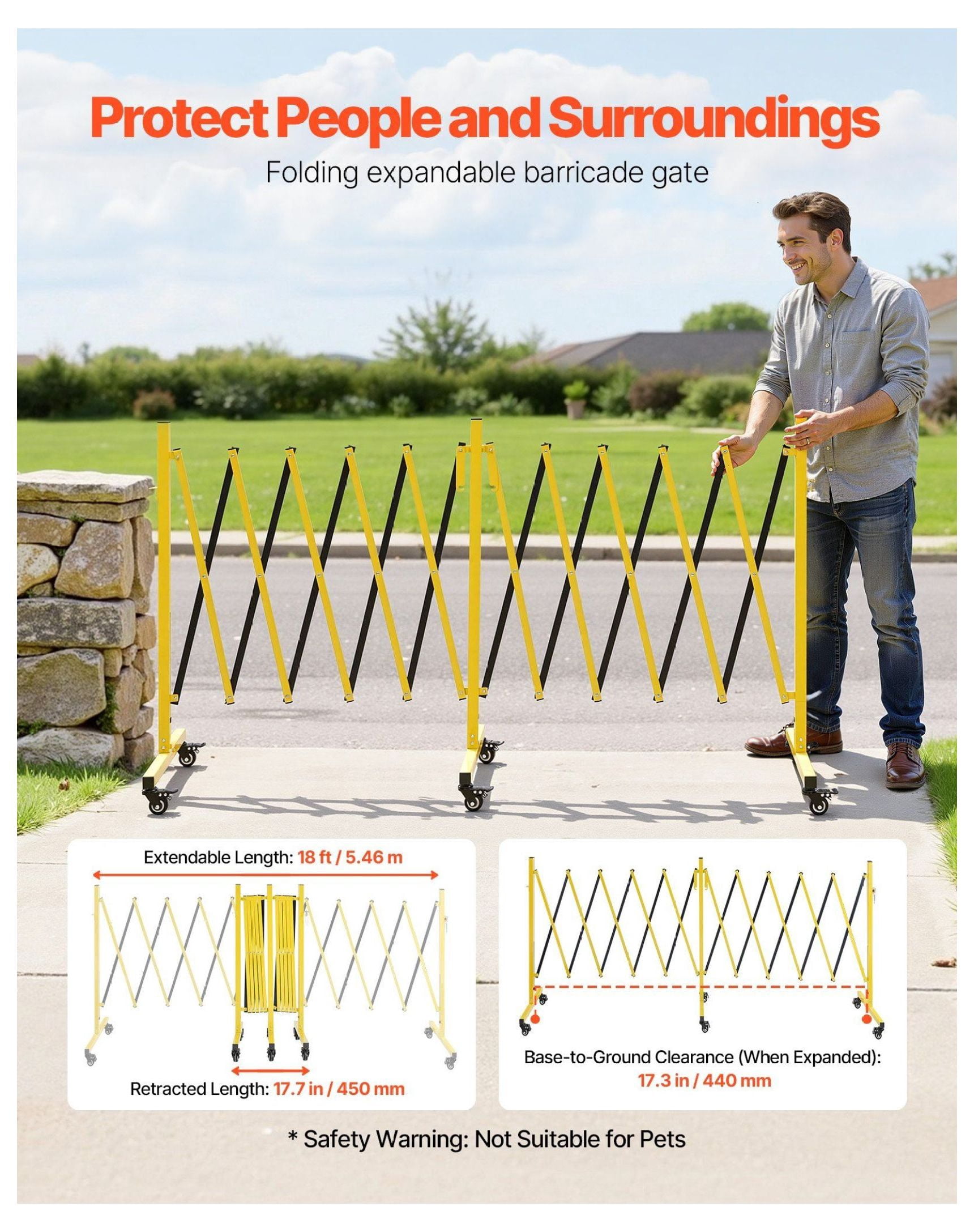 18FT Expandable Barricade, Industrial Safety Barrier, Mobile Folding Gate with Casters - Metal Traffic Fence for Warehouse, Construction, Driveway