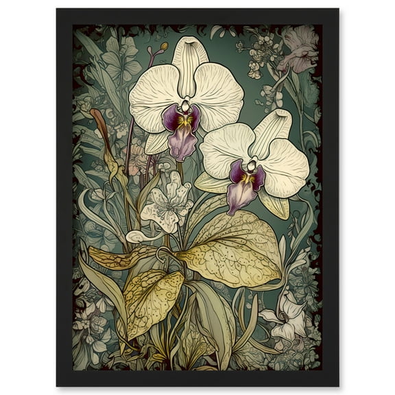William Morris Style White and Purple Orchid Artwork Framed Wall Art Print A4
