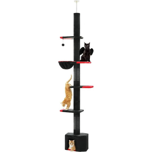 Gothic Cat Tree, Floor to Ceiling Cat Tower with Adjustable Height (86.8-120 Inches), 5 Tiers Black Cat Condo with Cozy Hammock, Fully Scratching Posts and Dangling Balls for Indoor Cats