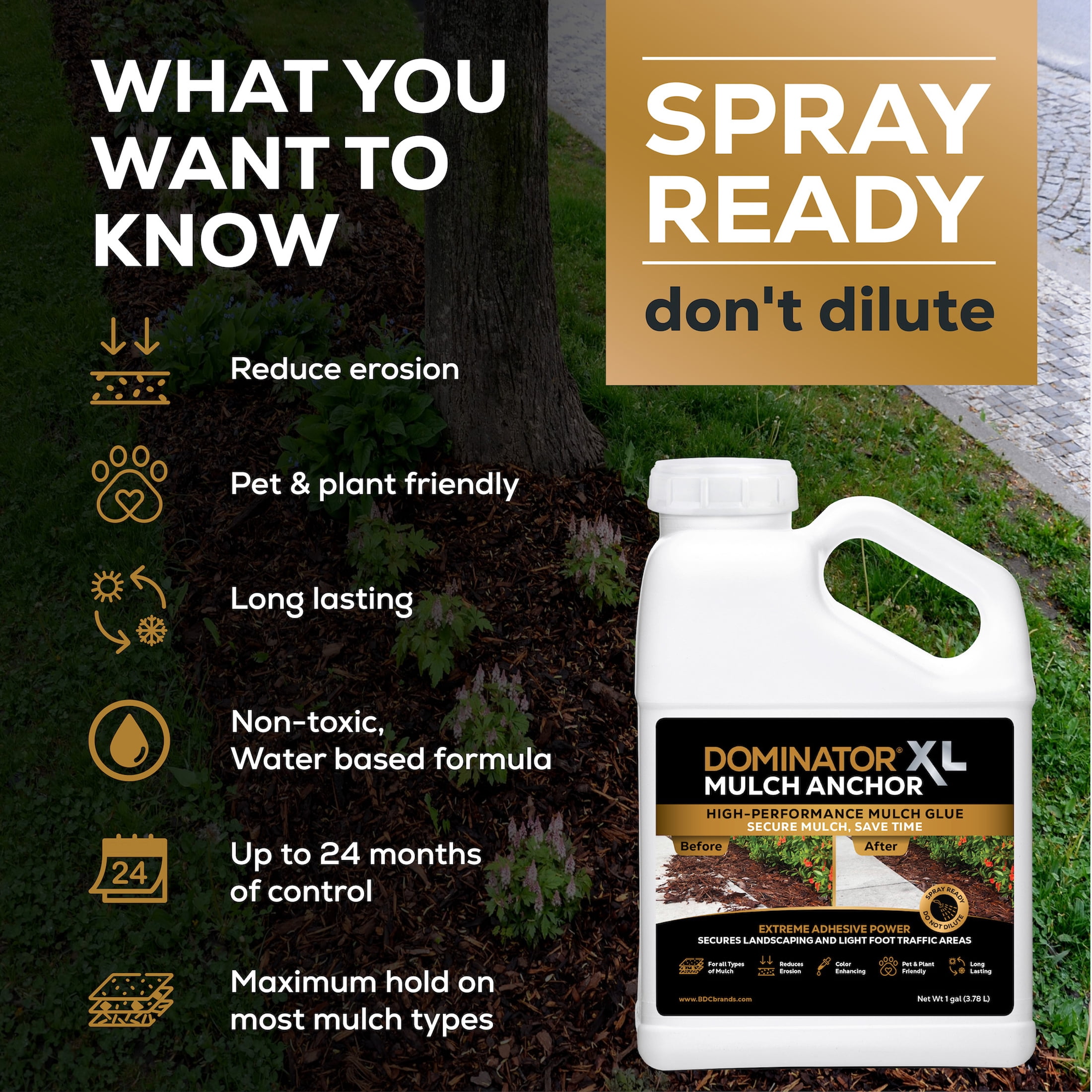 DOMINATOR XL Mulch Anchor 1 Gallon: Mulch Glue and Pea Gravel Stabilizer, Ready to Use Spray, Lasts up to 2 Years, Fast-Dry, Non-Toxic, 150 Sq ft Coverage ,