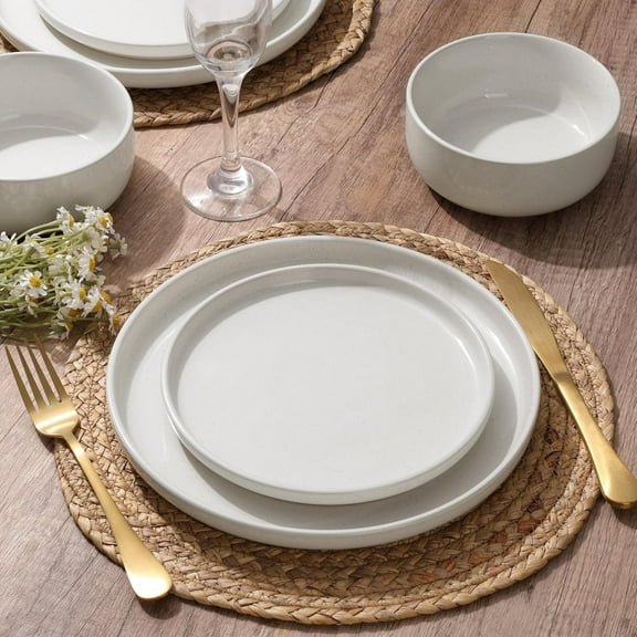 Stoneware Dinnerware Sets, 12-Piece Plates and Bowls Set for 4, Dishes Set for Home Restaurant, Speckled Milky White