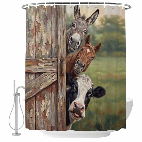 Farmhouse Bathroom Shower Curtains with Hooks, Cow Horse Donkey Countryside Vintage Waterproof Fabric Washable Shower Curtain for Home Hotel Bathtub Decor 60x72 Inch