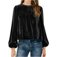thumbnail image 3 of Otntypg Womens Puff Long Sleeve Velvet Tops Fall Spring Trendy Dressy Cute Elegant Ruched Pleasted Crew Neck Holiday Tunic Shirts Black L, 3 of 9