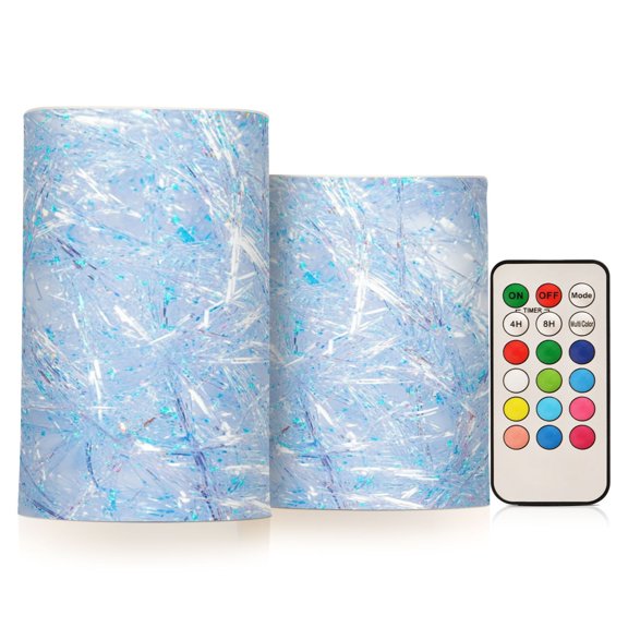 2 PCS Flameless Candles with Remote Timer LED Battery Operated Flickering Candle Light for Wedding Table Home Decoration Gifts Blue Lines Particles