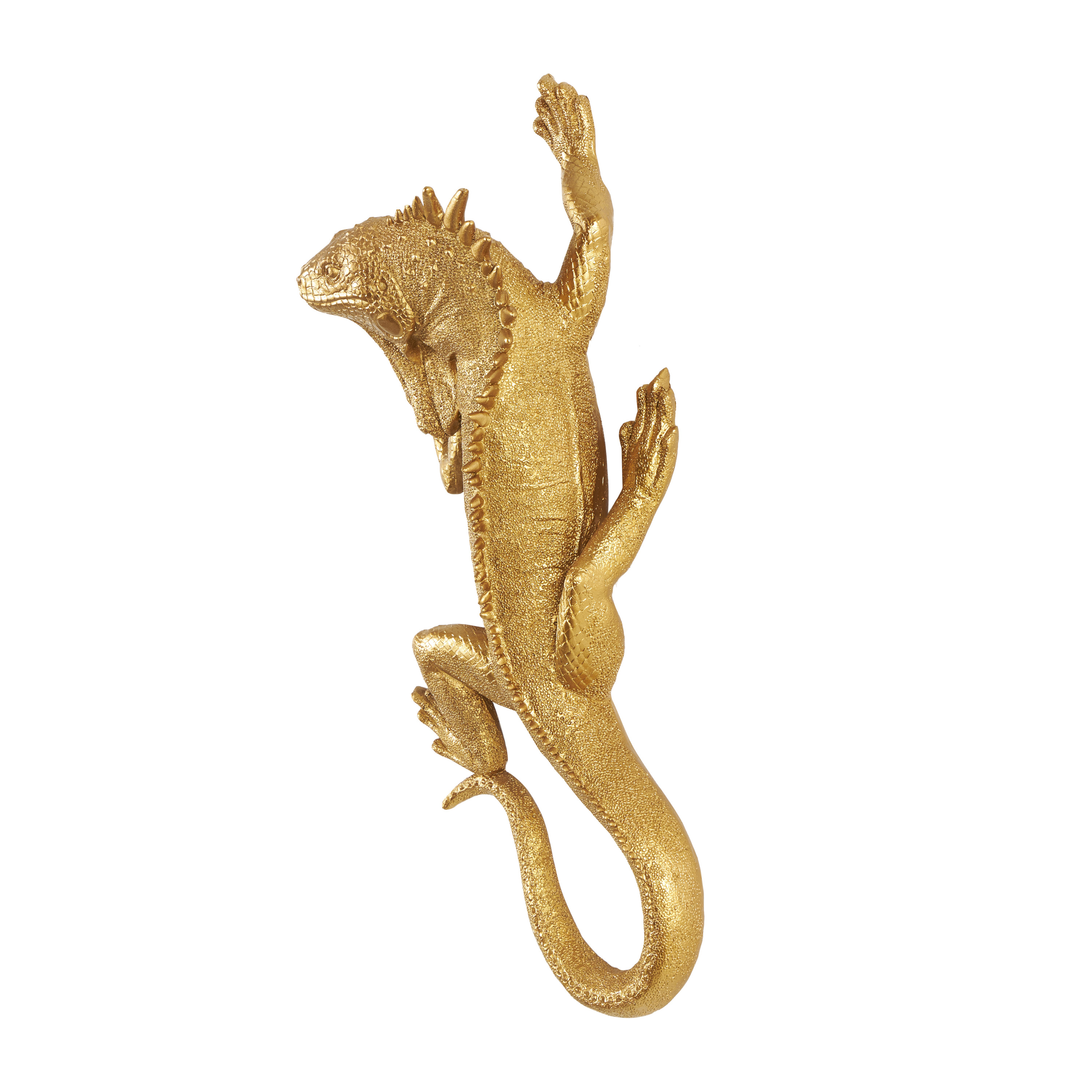 6" x 15" Gold Polystone Textured Climbing Lizard Sculpture, by DecMode
