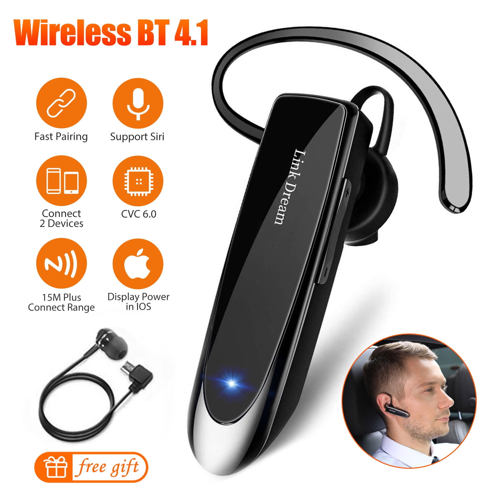 EEEKit Bluetooth Headset 24Hrs Playtime Wireless Bluetooth V4.1 Earpiece CVC 6.0 Noise Canceling Headphone Car Trucker Business Earbud with Mic Compatible with iPhone Samsung Android (Black)