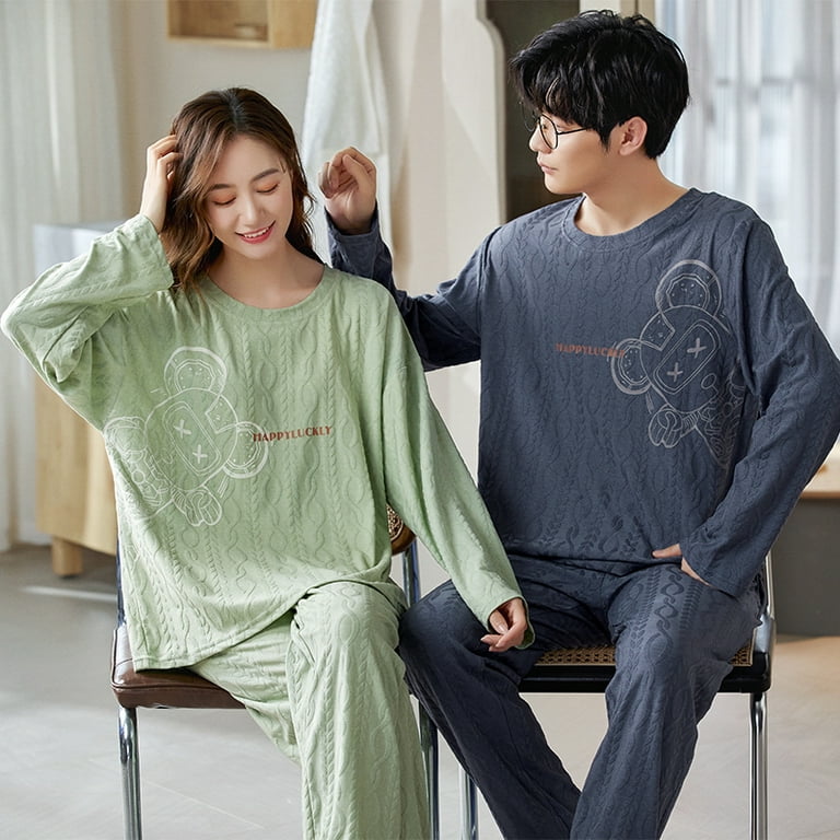 Korean Men Pijamas Set Cotton Women Pajamas Set Autumn