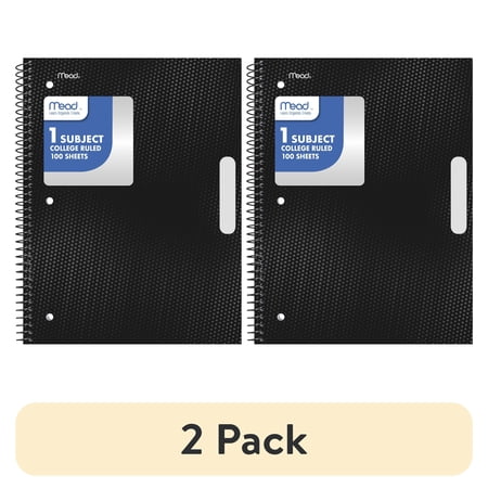 (2 pack) Mead 1 Subject College Ruled Notebook, 8.5" x 11", Black, Poly, Spiral, 100 Sheets