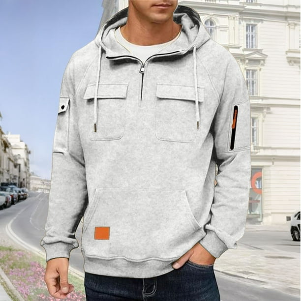 pstuiky camisa de manga larga para hombre, Sudadera con capucha, cremallera de un cuarto y múltiples bolsillos de manga larga de color liso para hombre Tops casuales para hombres xxxl