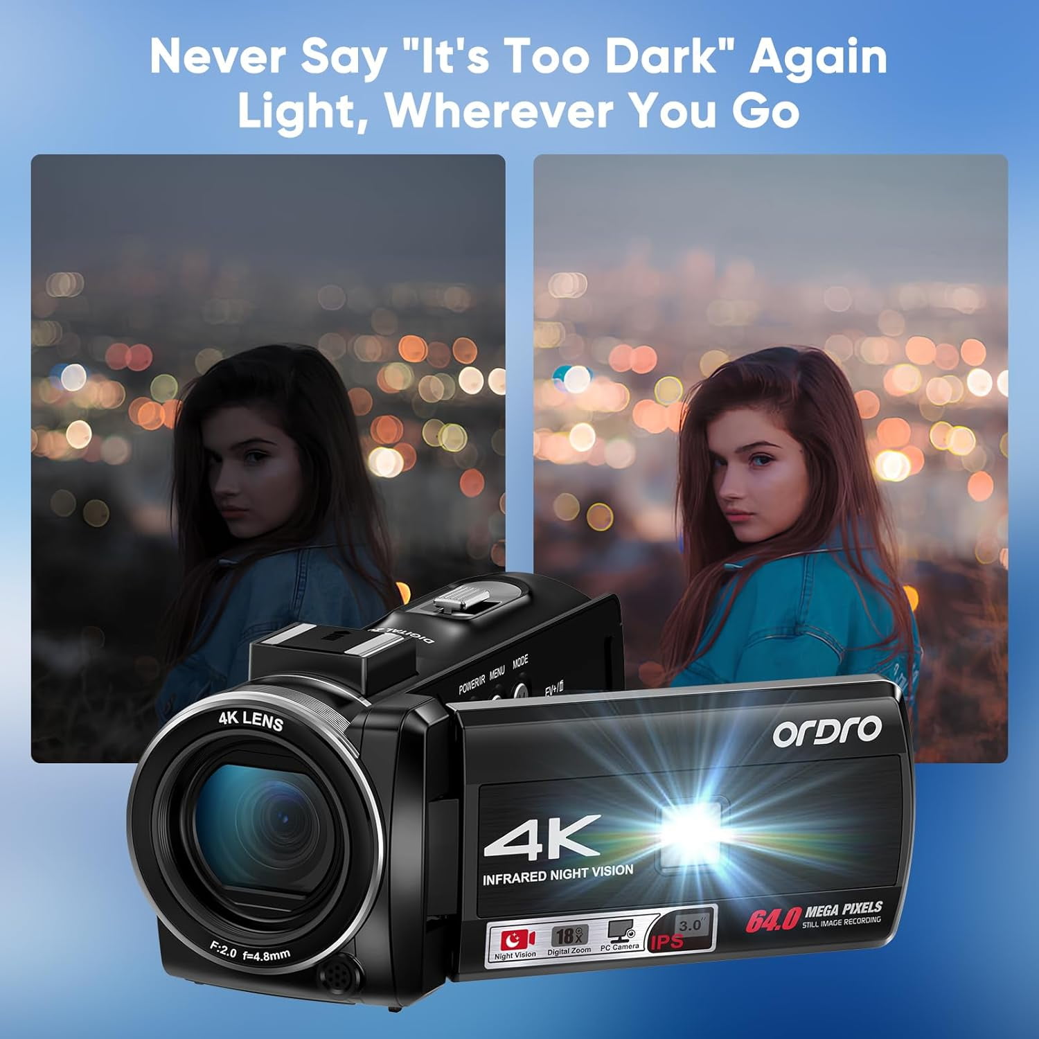 ORDRO 4K 30FPS Video Camera 64MP Photo 3” 270° Screen Digital Camcorder for Vlogging Youtube