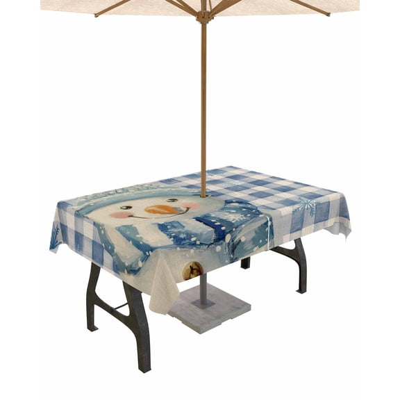 Fsddascl Christmas Blue Snowman Outdoor Tablecloth - 52x70 Inch Rectangle Dining Table Cover, Blue Plaid Vintage Snowflake Waterproof Outdoor Table Cloth with Umbrella Hole & Zipper for Picnic/Patio