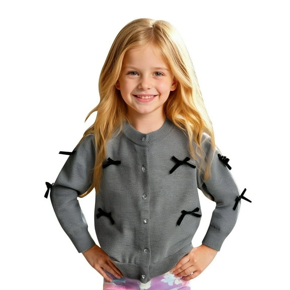 LYHaoo Girl's Button Open Front Knitted Cardigan Long Sleeve Loose Cute Bow Cardigan Sweaters 13-14 Years(Gray)
