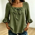 thumbnail image 2 of GERsome Womens T-Shirts Ruffled 3/4 Sleeve Square Neck Bowknot Trim Loose Fit Blouses for Casual Work Travel Army Green S, 2 of 5