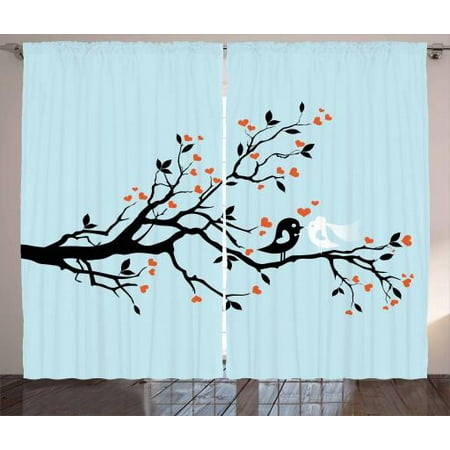 Engagement Party Curtains 2 Panels Set, Happy Bird Couple Perching on Tree with Heart Shaped Flowers, Window Drapes for Living Room Bedroom, 108W X 63L Inches, Baby Blue Orange Black, by Ambesonne