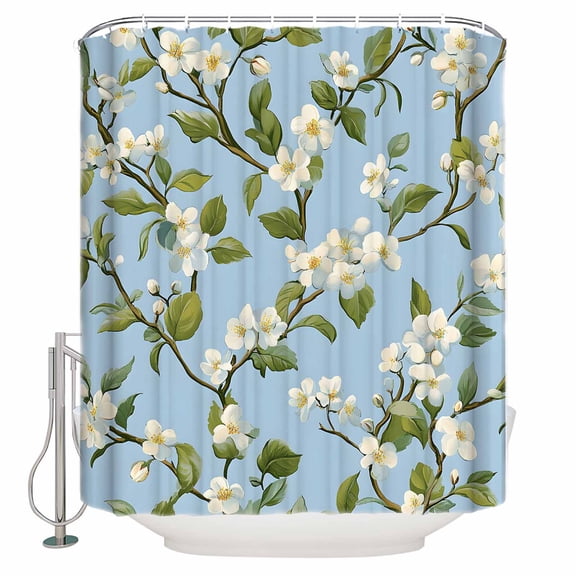 Shower Curtain Bathroom Set Retro Flowers on Blue Background Waterproof Fabric Shower Curtains with Grommets&Hooks Vintage White Floral Leaves Privacy Bath Curtain for Bathtub 36x72in