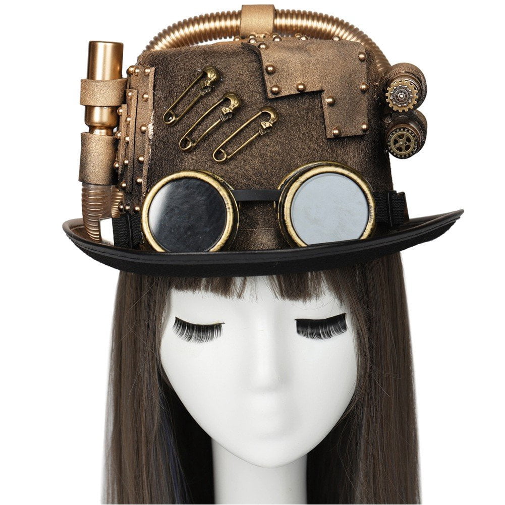 Jiibva Unisex Victorian Steampunk Top Hat with Goggles Bowler Hat for Men Women Carnival Halloween Party