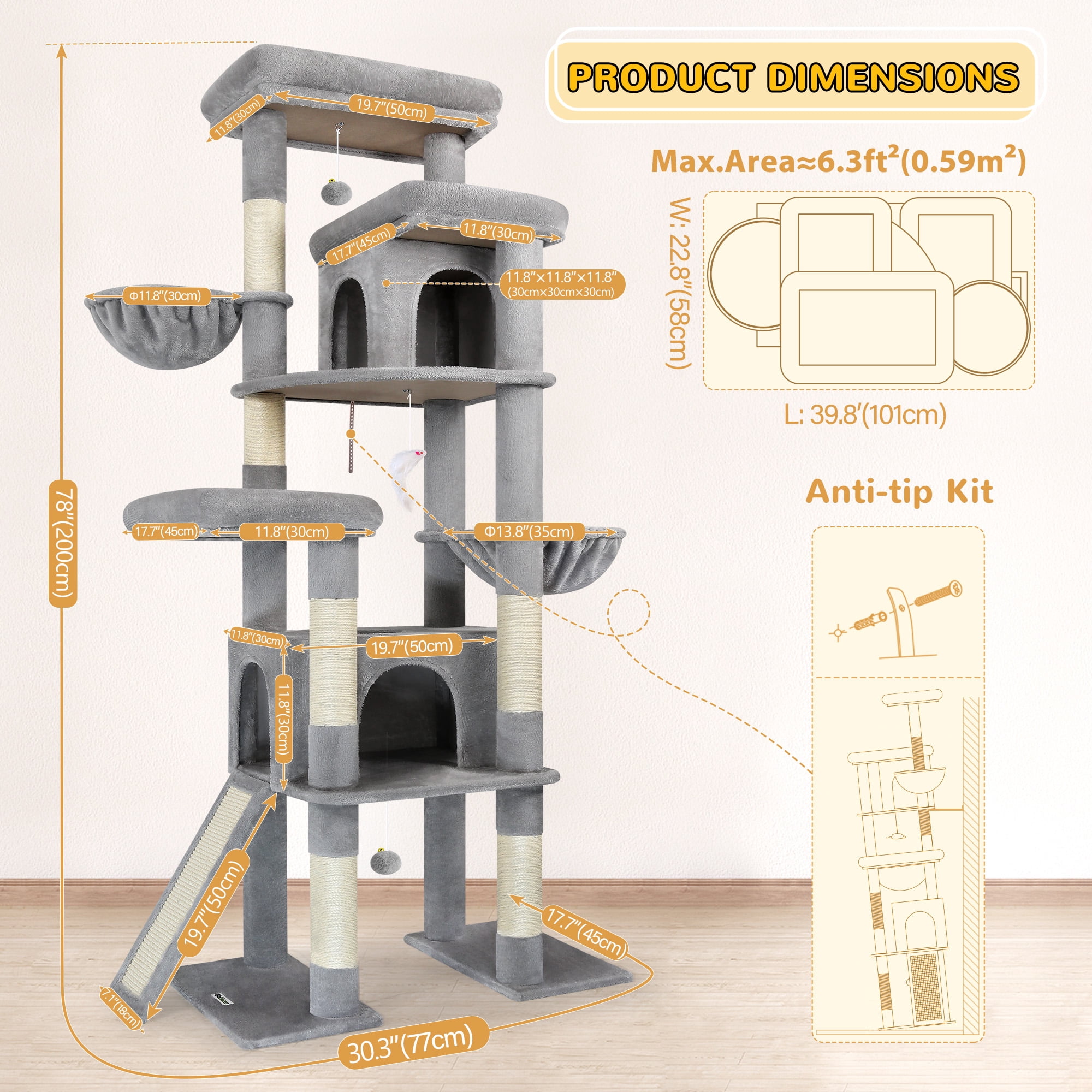 Globlazer 78" Multi-Level Large Cat Tree and Tower Condo for Indoor Cats with Sisal Scratching Posts, Condos, Hammock & Hammock,Light Gray