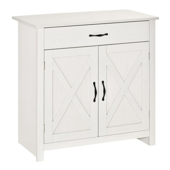 32" Farmhouse Sideboard Buffet Cabinet - White Wash Kitchen Accent Cabinet with Barn Doors & Drawer