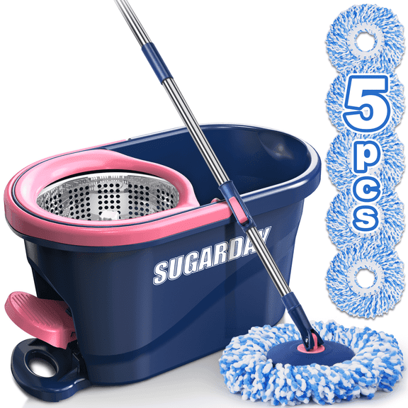 SUGARDAY Spin Mop and Bucket with Wringer Set for Floors Cleaning Heavy duty System