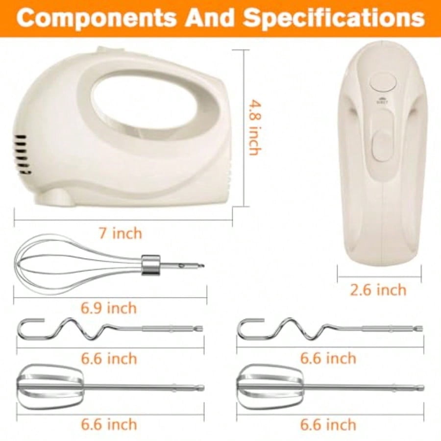 Handmixer Electric Handheld - 5 Speed Portable Kitchen Mixer Electric with 5 Stainless Steel Accessories Whisk Food Beater for Whipping Mixing Cookies Ivory